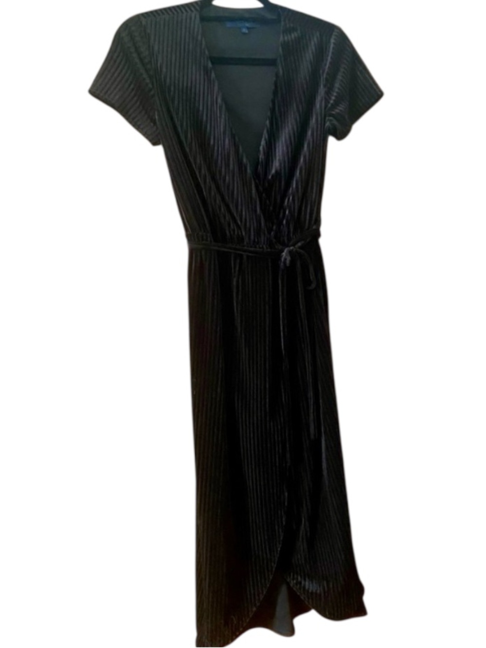 Rachel Rachel Roy Black Velvet Wrap Midi Dress Pleated Tie Waist S